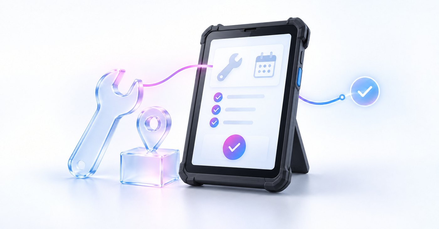 Robustes Tablet mit Serviceauftrag, Checkliste und Termin, daneben Schraubenschlüssel und Standortnadel aus Glas, verbunden durch eine Leuchtlinie im Markenverlauf