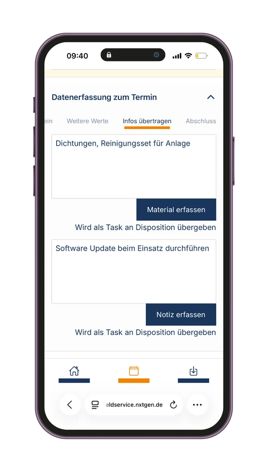 Datenerfassung zum Termin: Material erfassen und Notiz anlegen