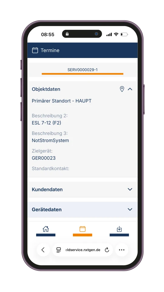 Objektdaten, Kundendaten und Gerätedaten zum Serviceauftrag in der App