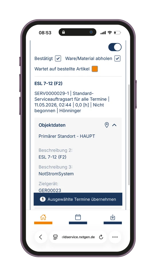 Ansicht zum Übernehmen eines Termins mit Bestätigung, Materialabholung und Objektdaten