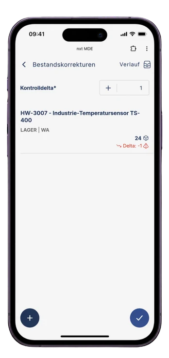 Bestandskorrektur mit Artikel, Lagerplatz und Menge in der nxt MDE Lager-App