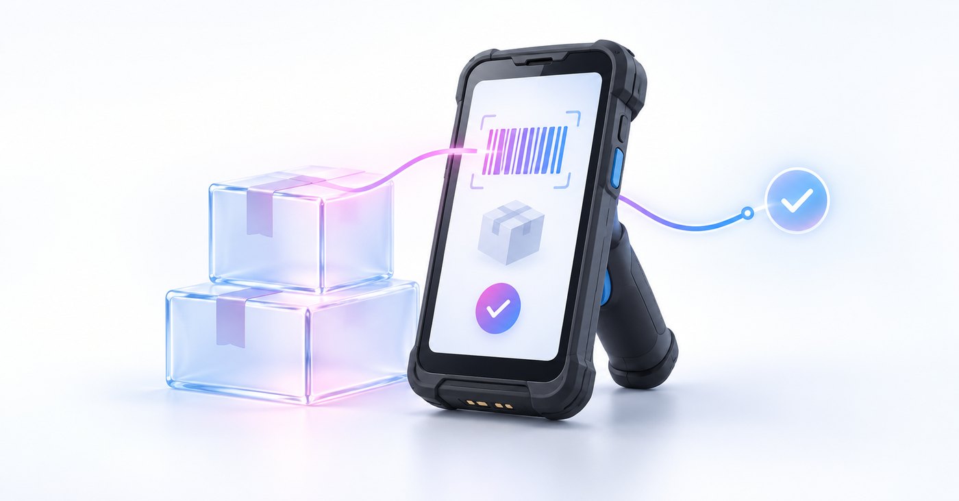 Robustes Scannergerät mit Barcode und Packstück, daneben zwei Pakete aus Glas, verbunden durch eine Leuchtlinie im Markenverlauf
