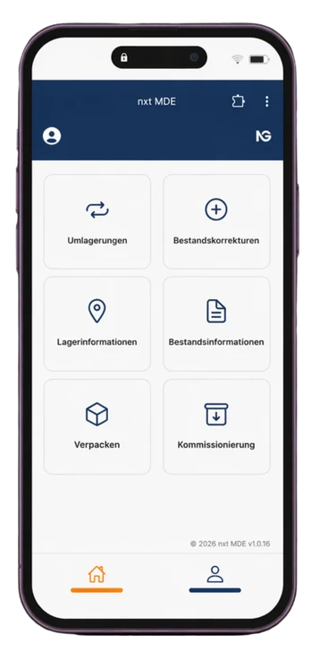 Startbildschirm der nxt MDE Lager-App mit Umlagerungen, Bestandskorrekturen, Lager- und Bestandsinformationen, Verpacken und Kommissionierung