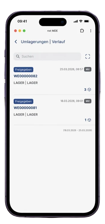 Verlauf der gebuchten Umlagerungen in der nxt MDE Lager-App