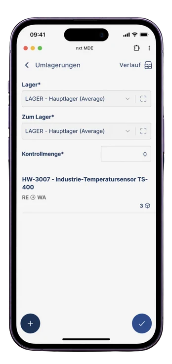 Umlagerung zwischen zwei Lagerplätzen in der nxt MDE Lager-App