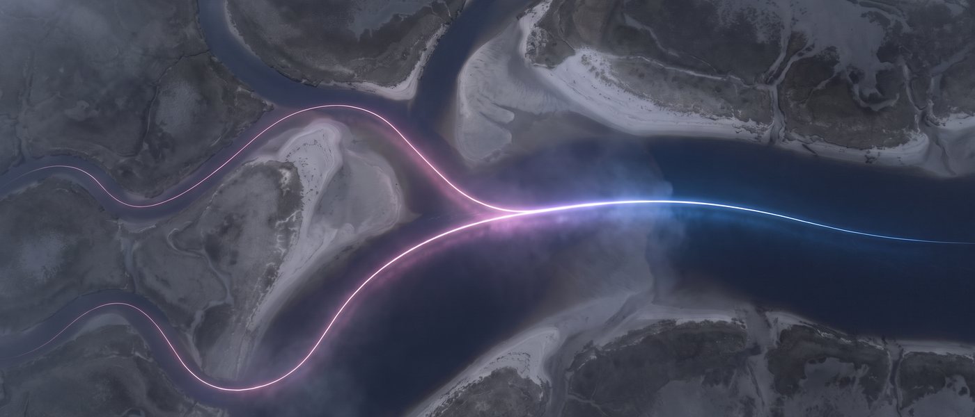Wasserläufe von oben, mehrere Leuchtfäden laufen zu einer Linie zusammen