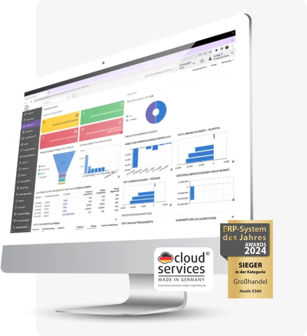Monitor mit Haufe X360 Dashboards, dazu die Siegel „Cloud Services Made in Germany“ und „ERP-System des Jahres 2024, Sieger in der Kategorie Großhandel“