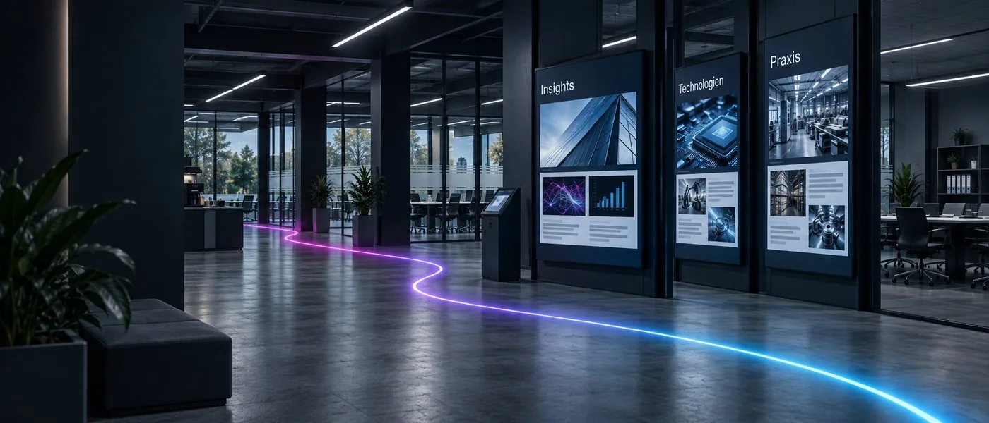 Dunkler Büroflur mit Infotafeln, eine Leuchtlinie im Markenverlauf zieht über den Boden