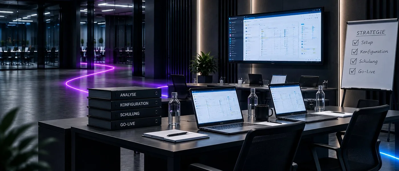Besprechungsraum mit Laptops und Haufe X360 auf dem Bildschirm, Flipchart mit Setup, Konfiguration, Schulung und Go-Live