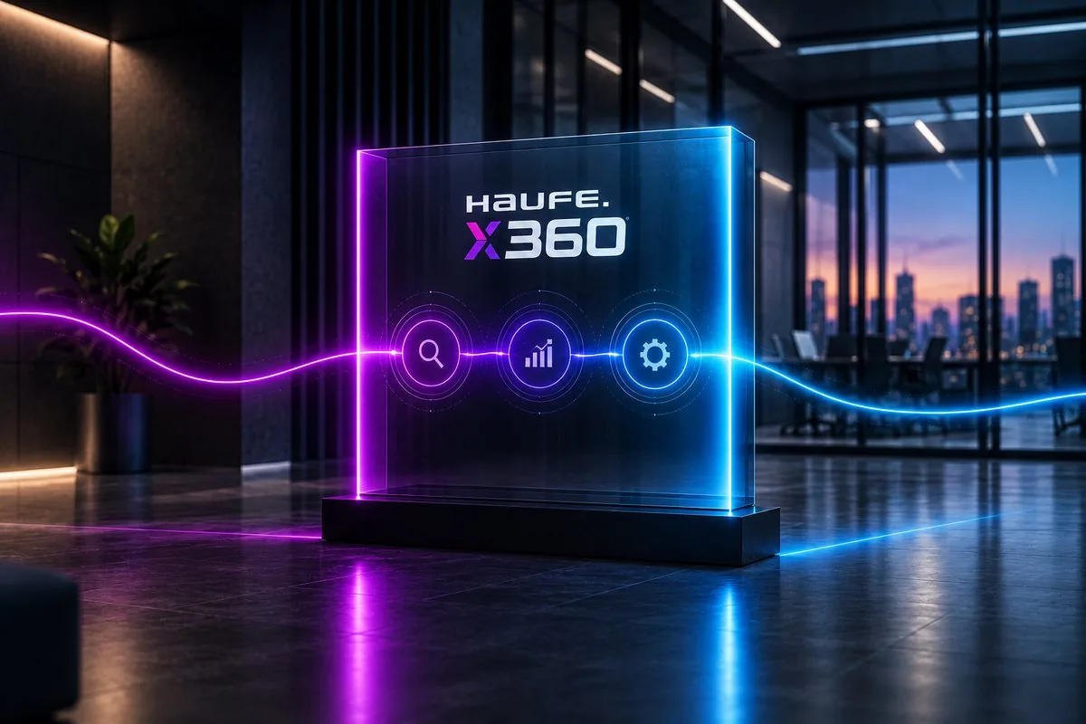 Symbolbild: Glastafel mit Haufe-X360-Logo und Symbolen für Analyse, Auswertung und Einstellungen, durchzogen von einer Leuchtlinie