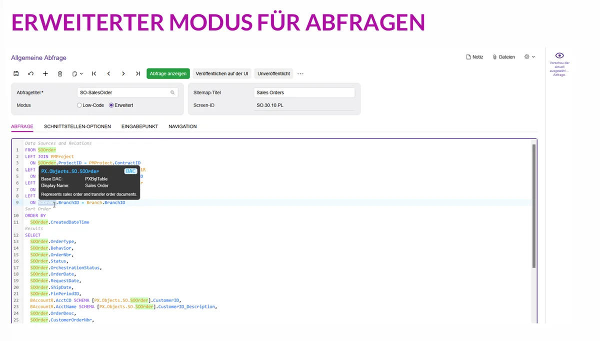 Erweiterter Modus für Allgemeine Abfragen mit GIQL-Editor