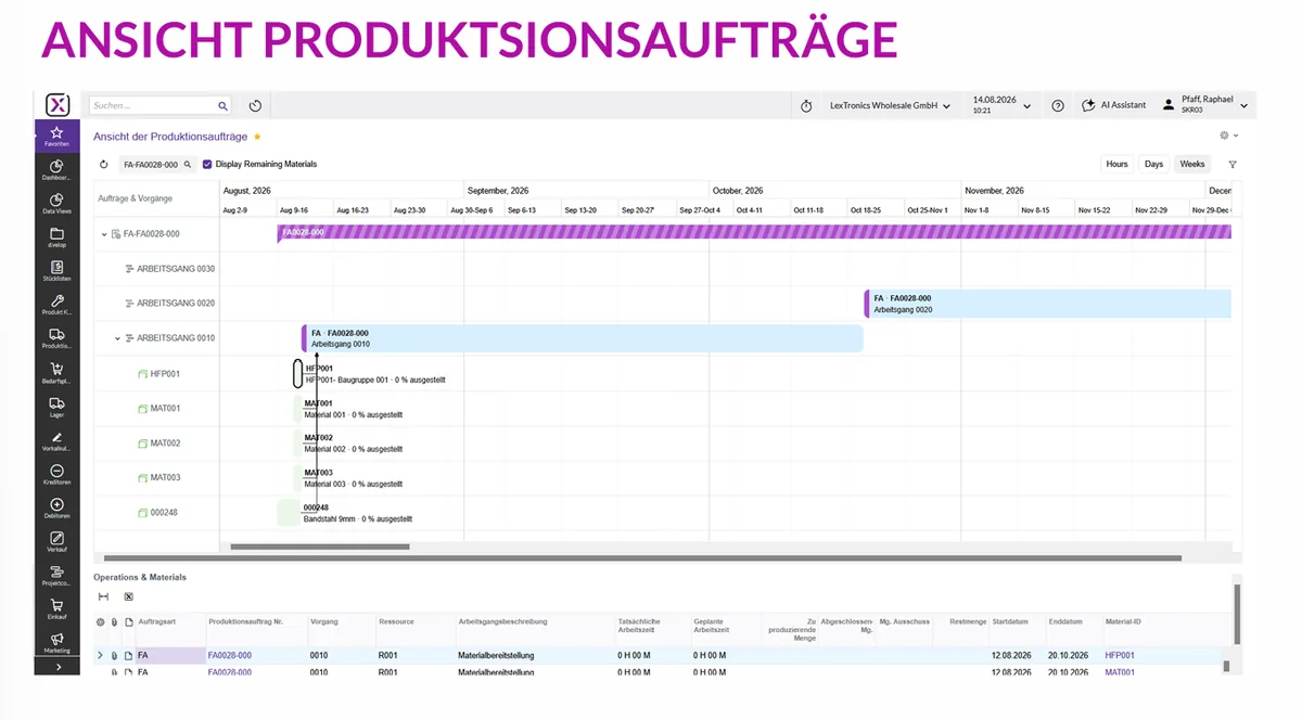 Ansicht der Produktionsaufträge in der Modern UI
