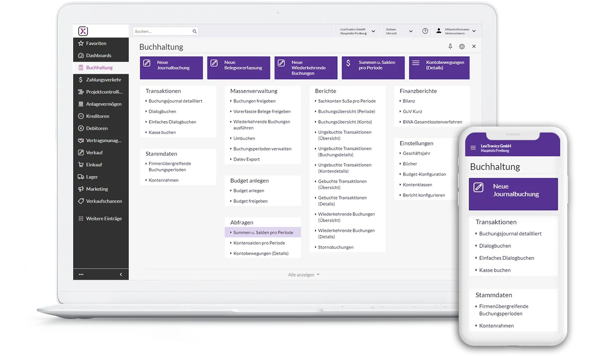 Haufe X360 Buchhaltung: Journalbuchungen und Auswertungen, auf Laptop und Smartphone